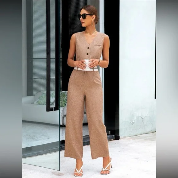 💛 Womens Collection Button Front Vest Blazer & Wide Leg Pants Set - Picture 2 of 12